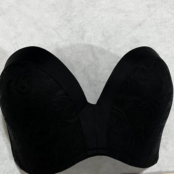 Black Strapless Lace Balconette Bra Structured Push-Up Underwire Top 36E - Picture 11 of 16
